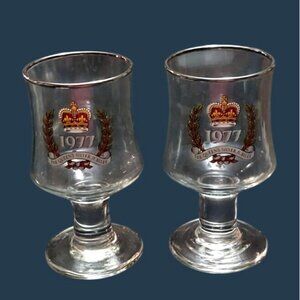 Vintage Queen Elizabeth II Silver Jubilee Glass Goblet Silver Rim 1977 Set of 2